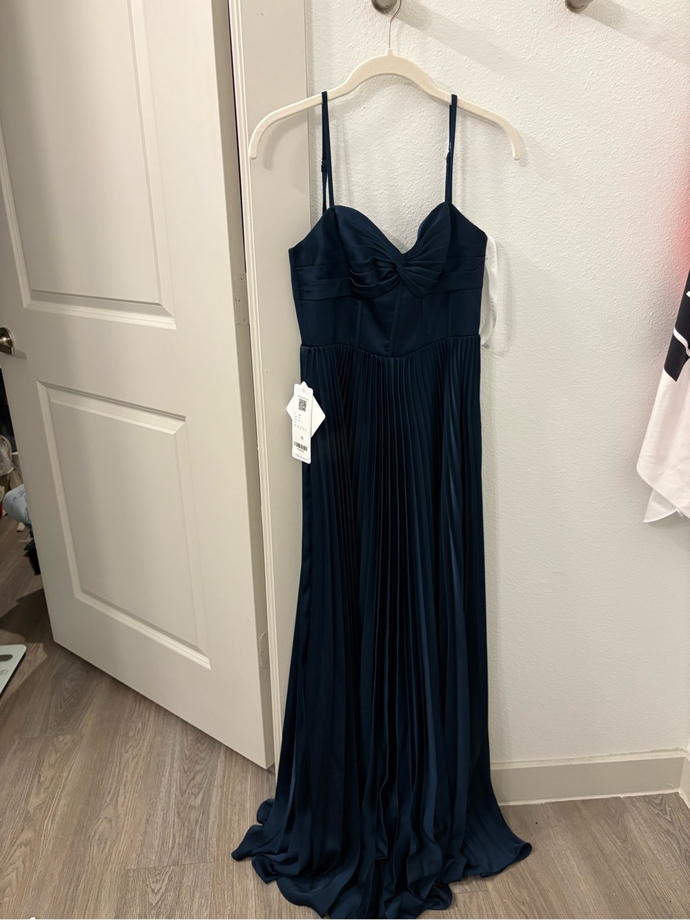 Azazie Navy Pleated Spaghetti Strap Maxi Gown